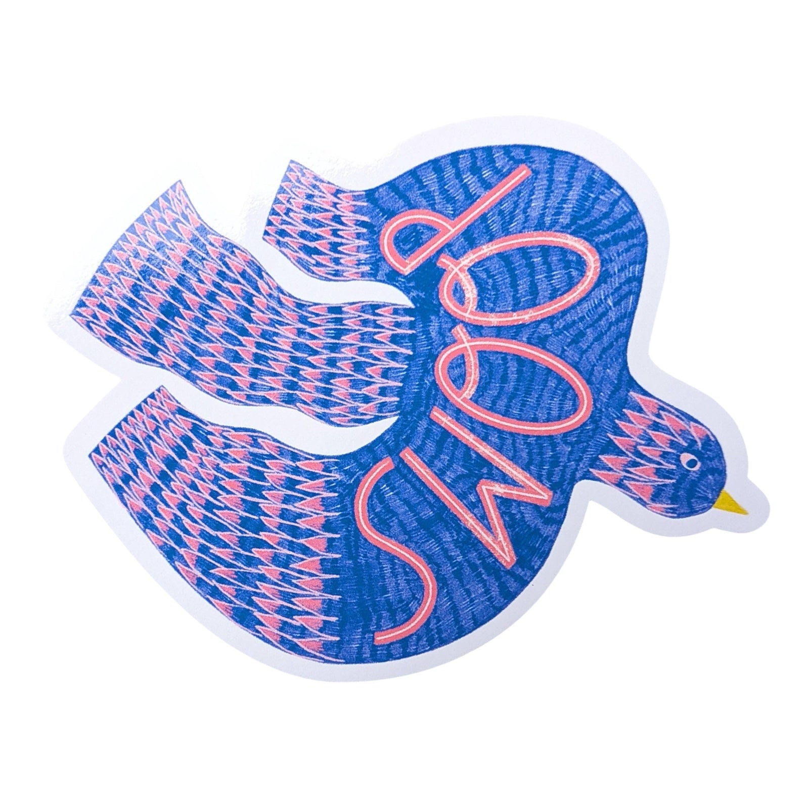 Blue and pink bird-shaped sticker with 'SWOOP' text on a white background.