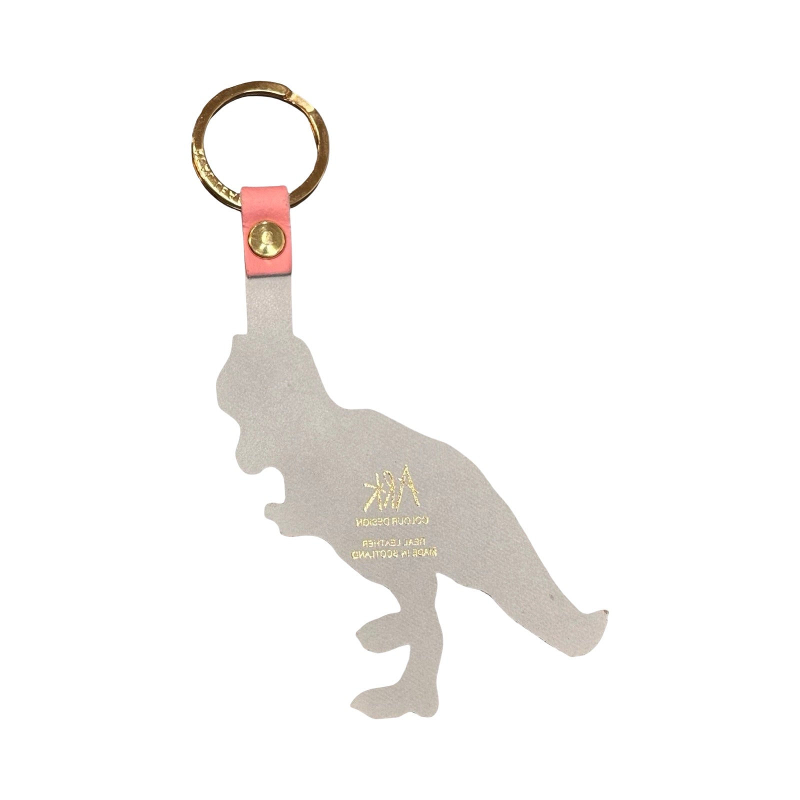 Dinosaur-shaped keychain with pink strap on a white background.
