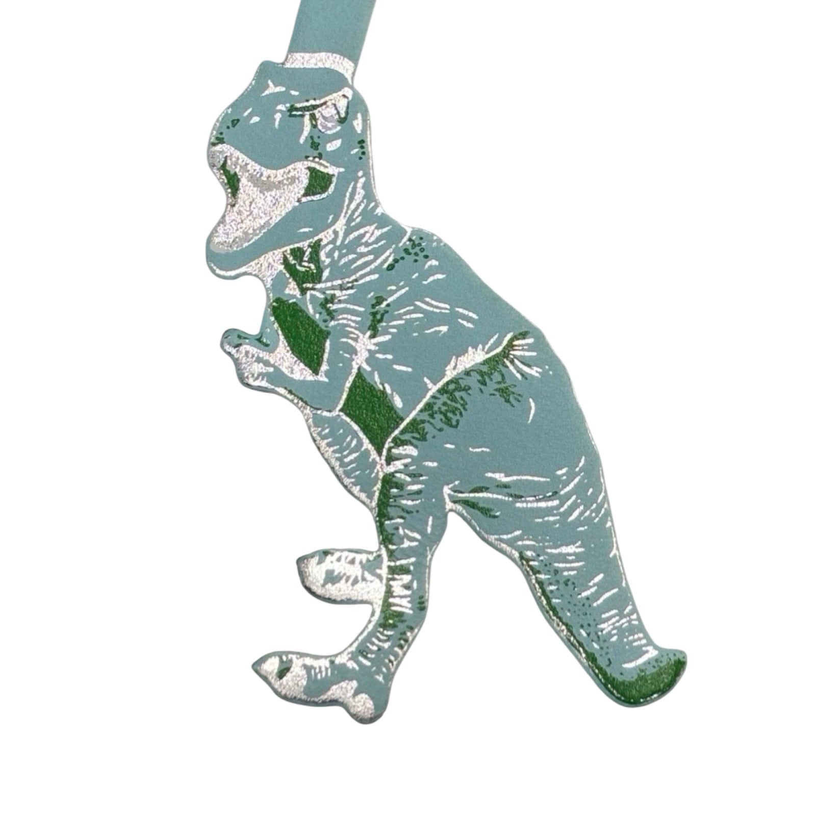 Dinosaur-shaped keychain with a blue and green design on a white background.