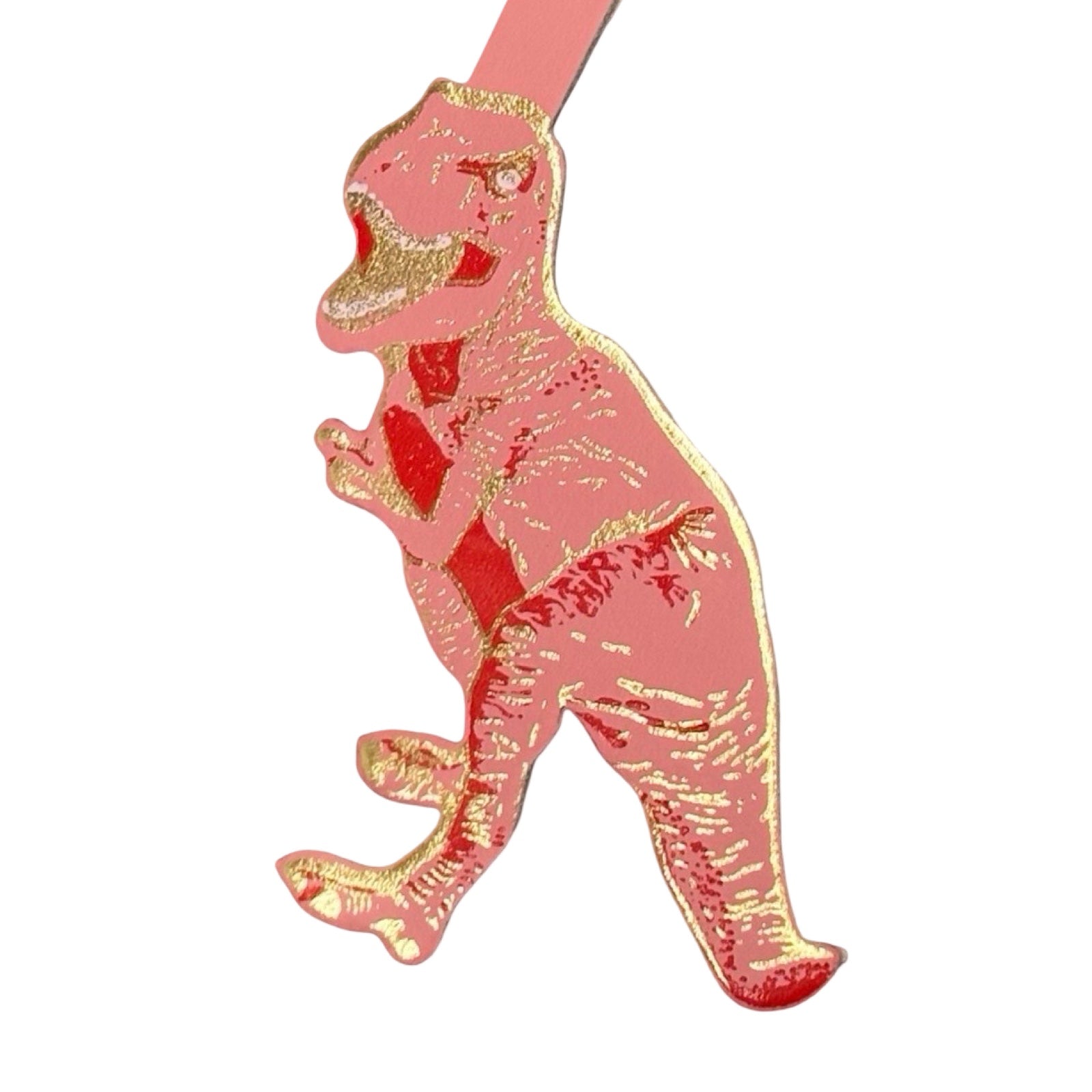 Pink and gold dinosaur keyring on a white background.