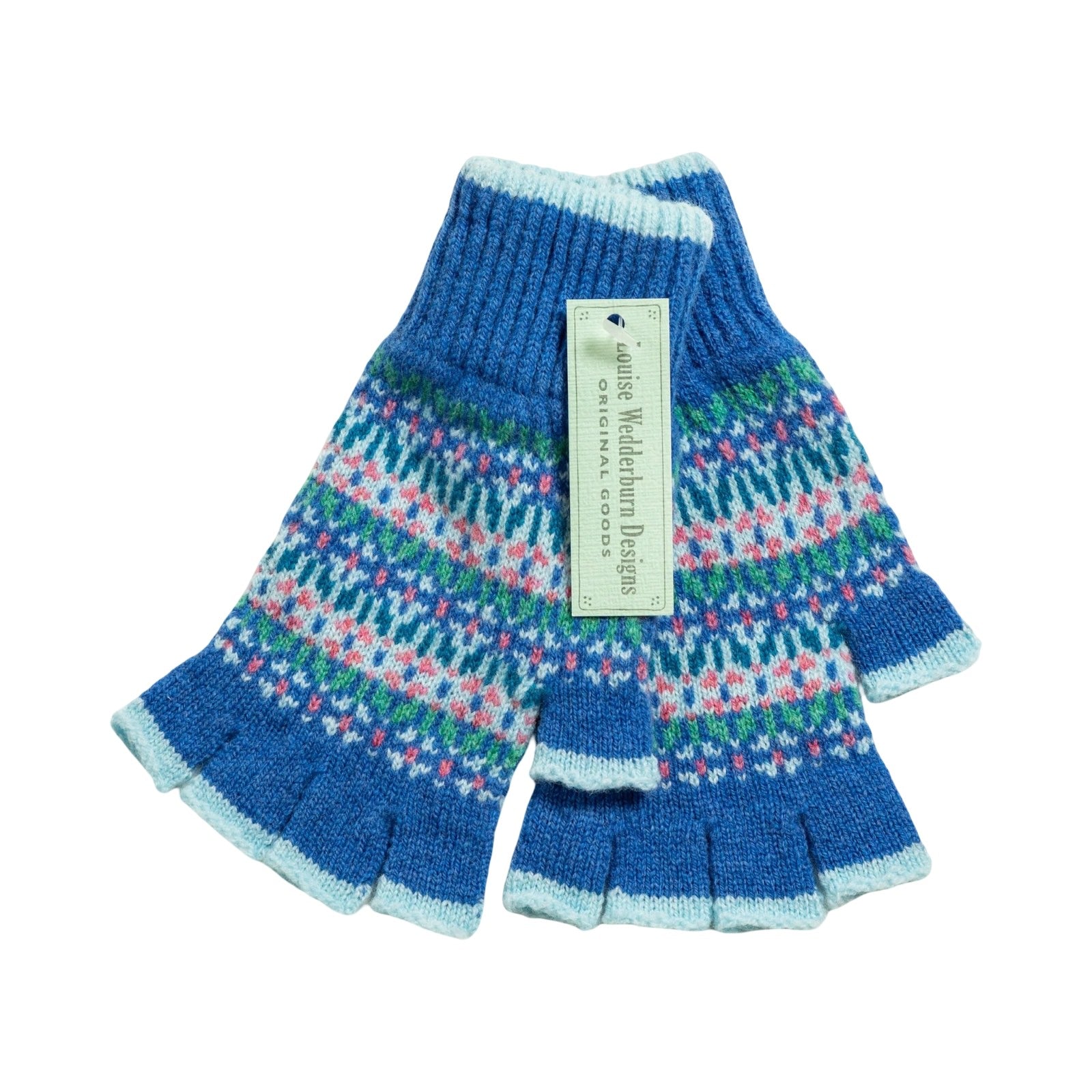 These gorgeous blue and light blue Fairisle fingerless gloves will keep your hands warm and cosy, but your fingers free.