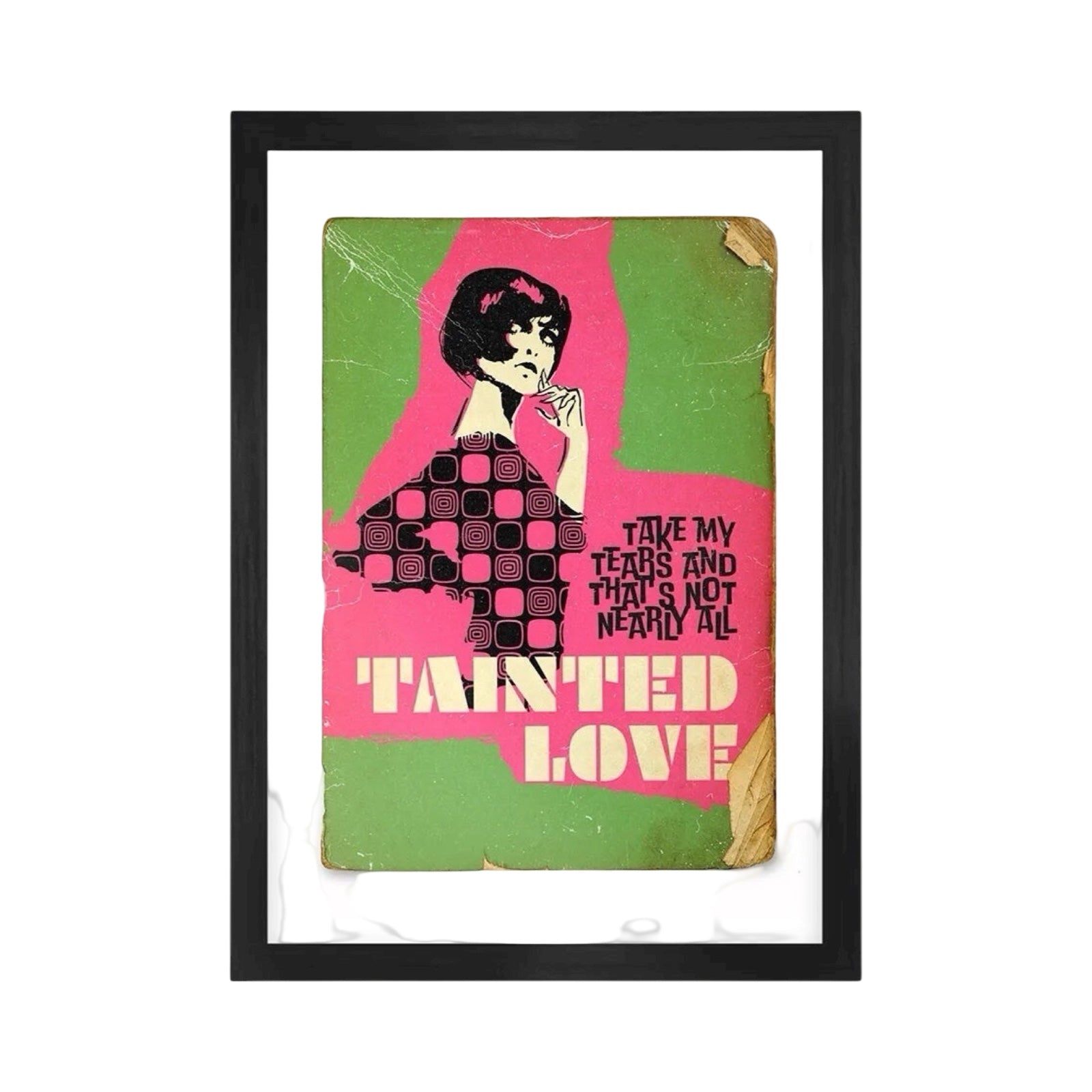 Framed poster with a stylized illustration of a woman and text on a green and pink background.