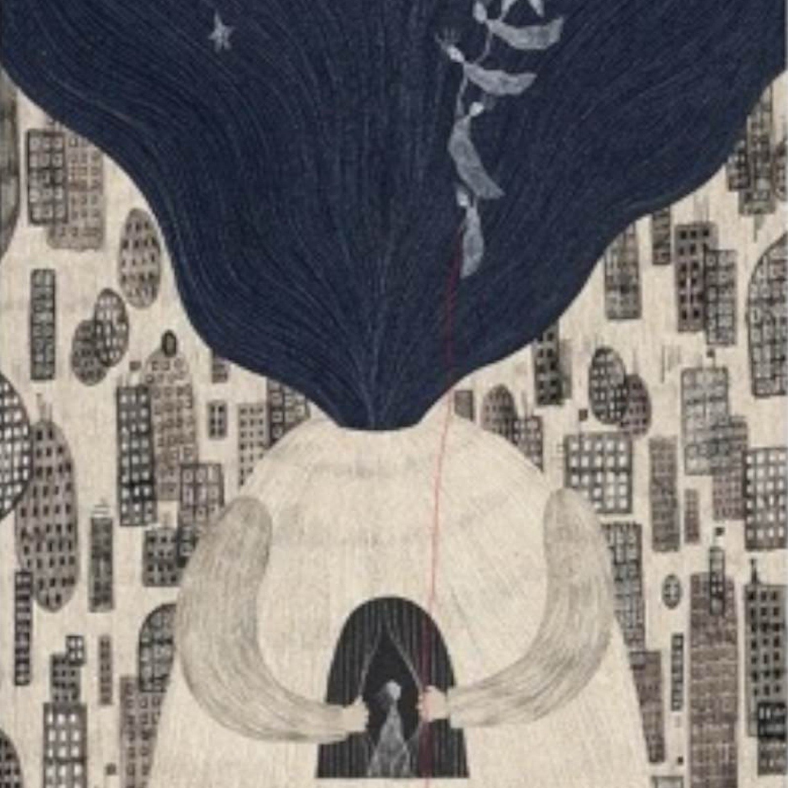 Folk print of a person dressed in white with a cloud as their head, surrounded by small buildings and trees.