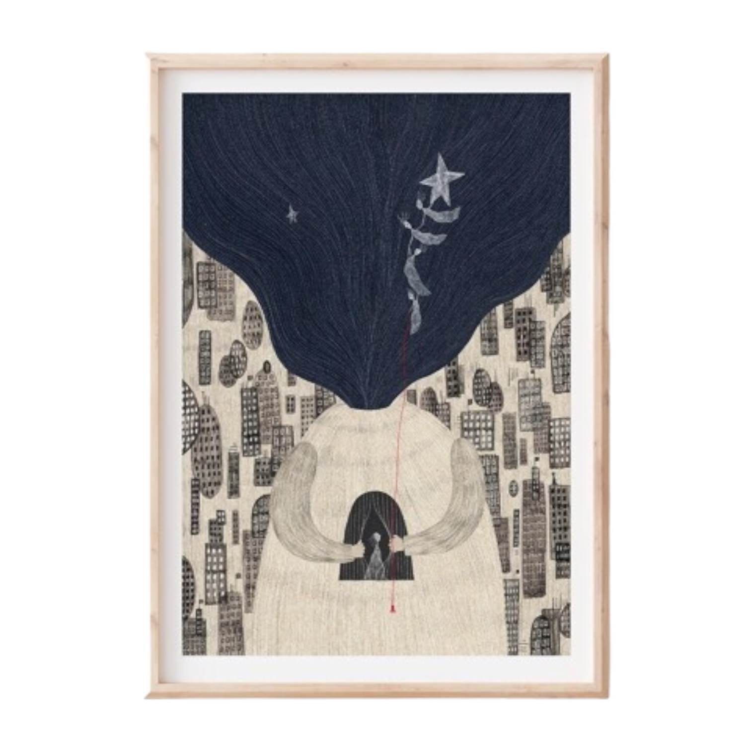 Folk print of a person dressed in white with a cloud as their head, surrounded by small buildings and trees.