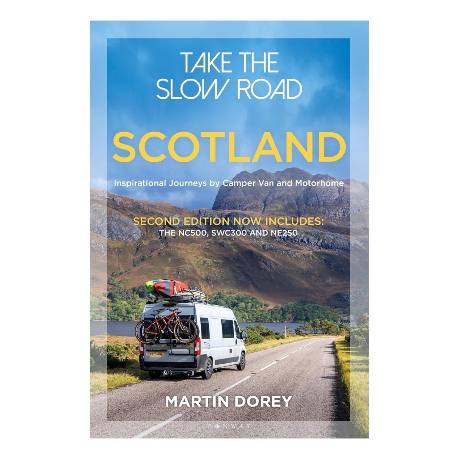 The front cover of the Take the slow Road book showing a campervan driving through the great outdoors.