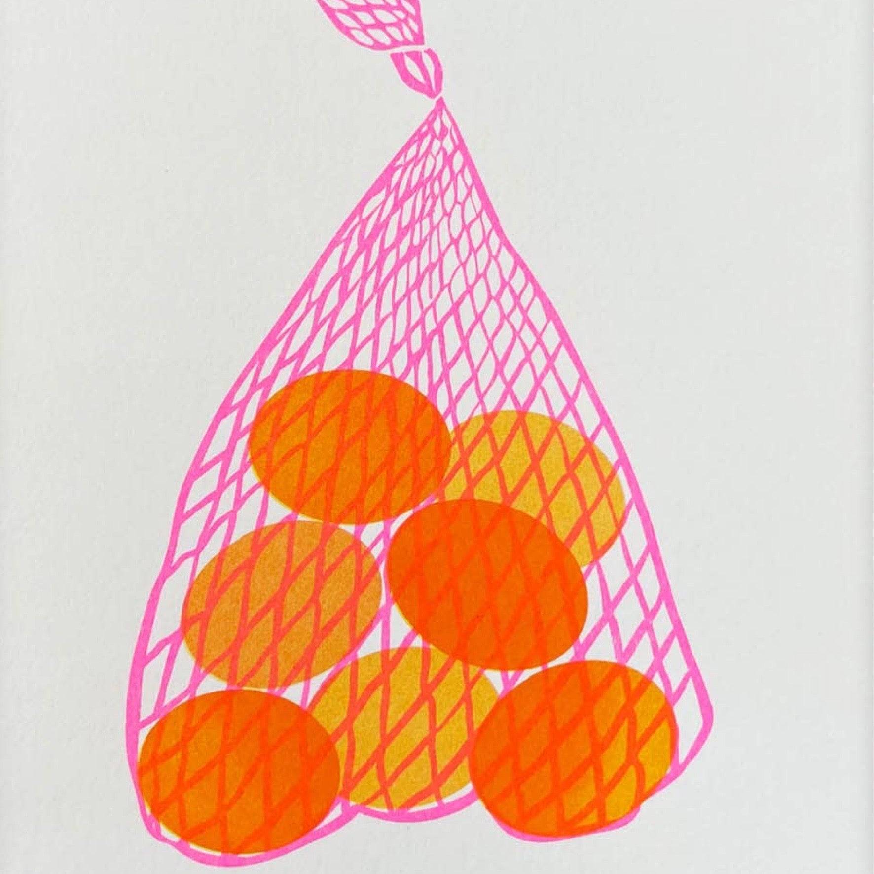 Artwork of a pink bag of oranges on a pink background.