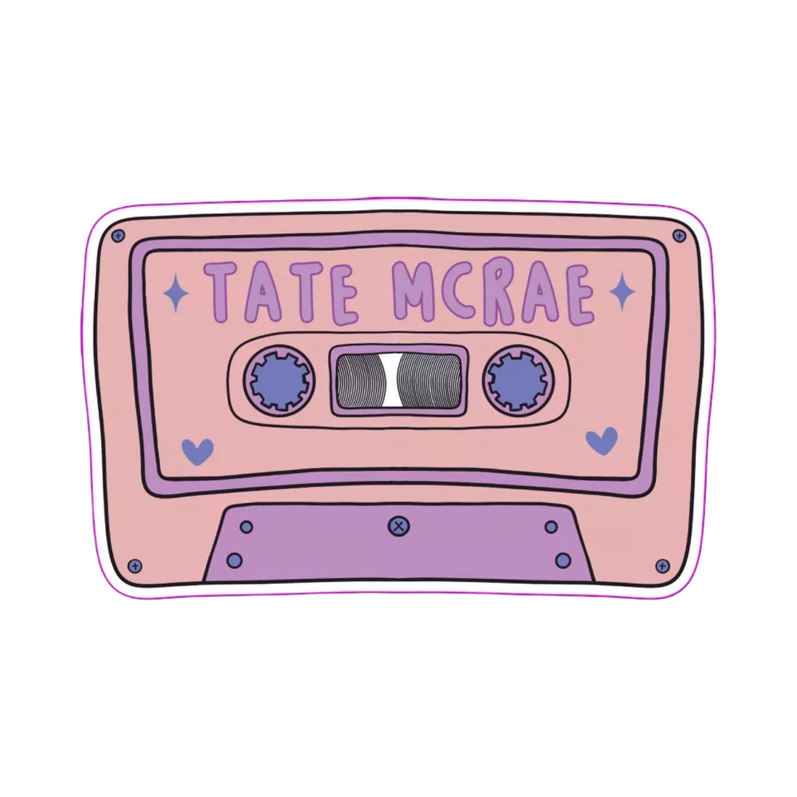 A rectangular-shaped sticker featuring an illustration of a retro cassette tape in pink and lilac with the title 'Tate McRae', decorated with purple love hearts.