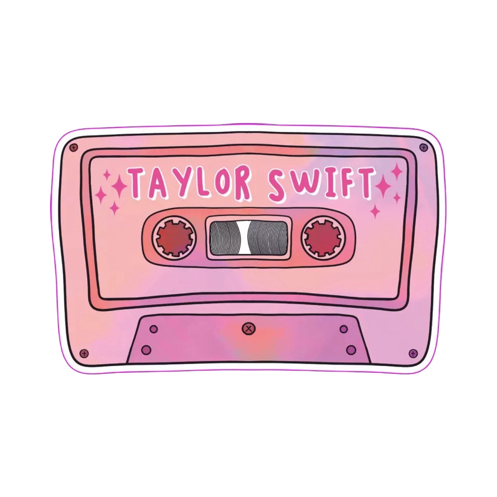 A rectangular-shaped sticker featuring an illustration of a retro cassette tape in dark and light pink with the title 'Taylor Swift'.