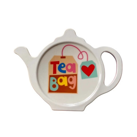 White melamine tea bag holder in the shape of a teapot with an illustration of a tea bag and the text 'Tea Bag'.