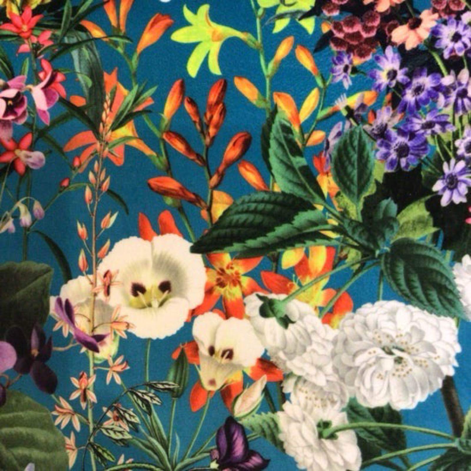 A rectangular bench with mahogany legs and a luxurious velvet fabric upholstery featuring a bright colourful floral design.