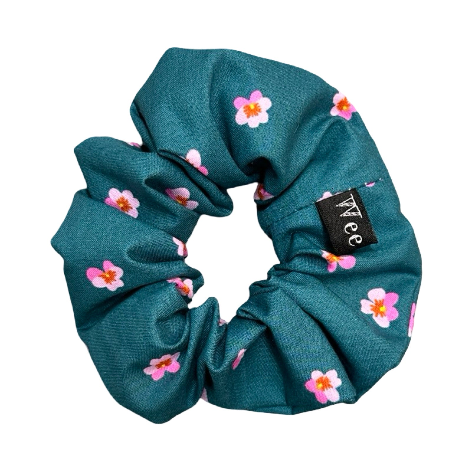 This teal handmade hair scrunchie is made from 100% cotton fabric with pink violets.