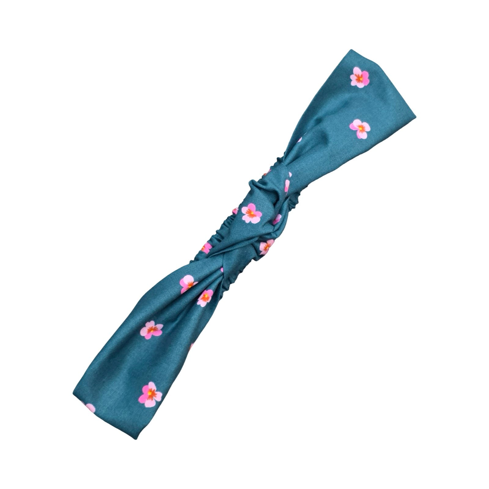 This handmade teal floral knotted headband is made from 100% cotton fabric with pink violets.