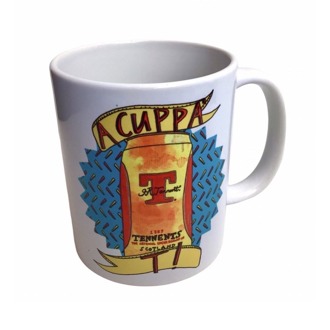 Mug featuring an illustration of a can of Tennent's lager and the text 'A Cuppa' T! in banners above and below the can.