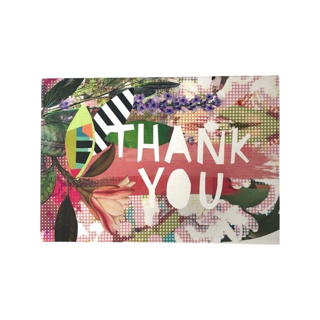 Thank you card featuring an abstract botanical collage with patches of black and white stripes and the text 'Thank You' written in white text.