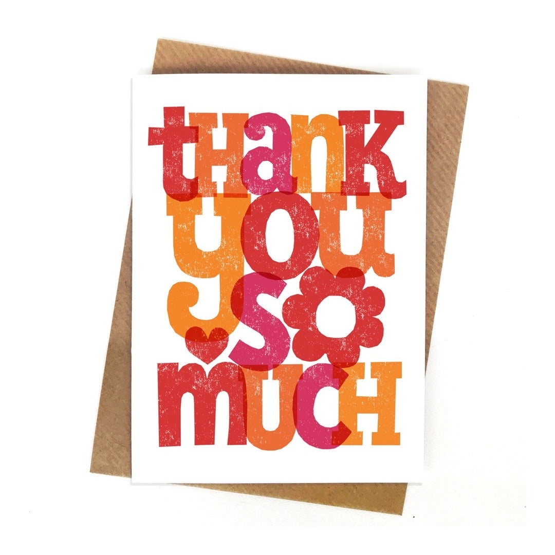 A thank you card with the text 'thank you so much' written in red and orange lowercase letters against a white background.