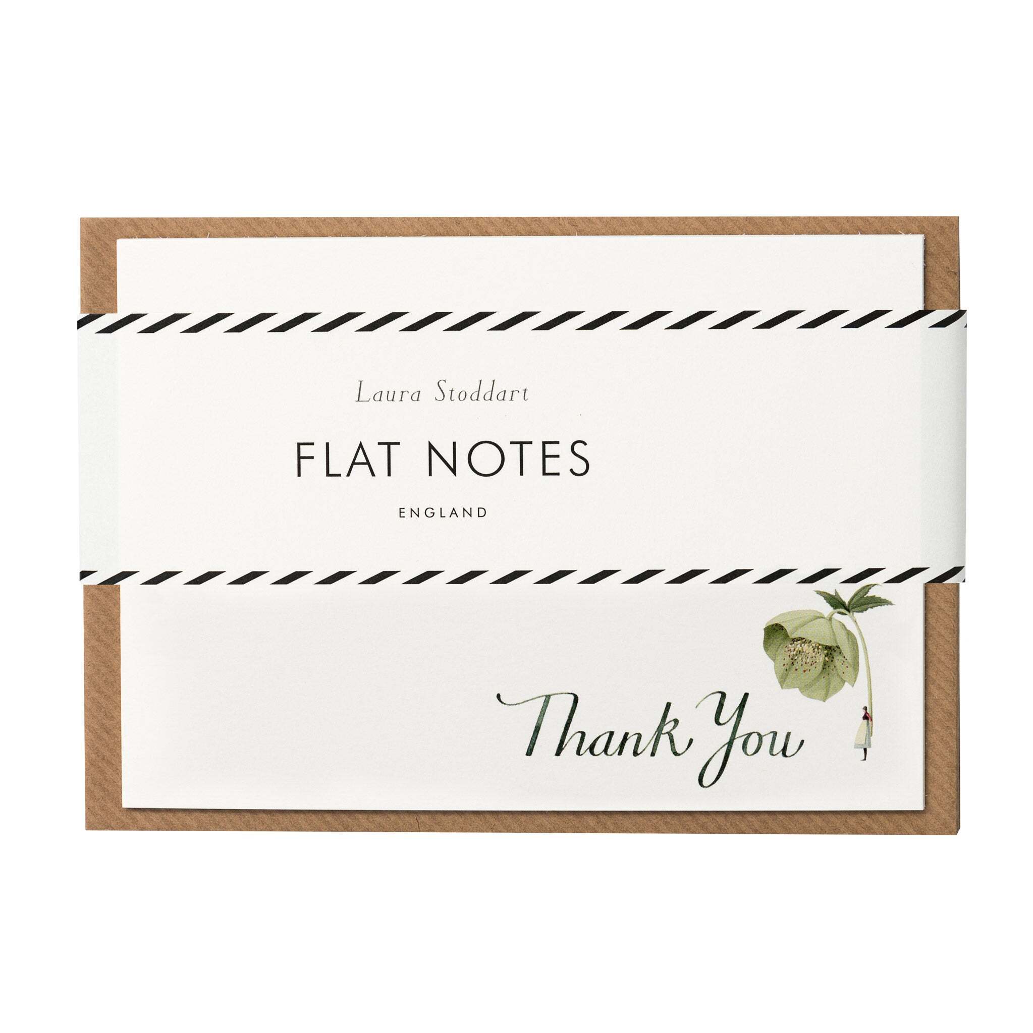 Pack of 12 flat notes featuring an illustration of a lady holding a giant hellebore flower and the text 'thank you'.