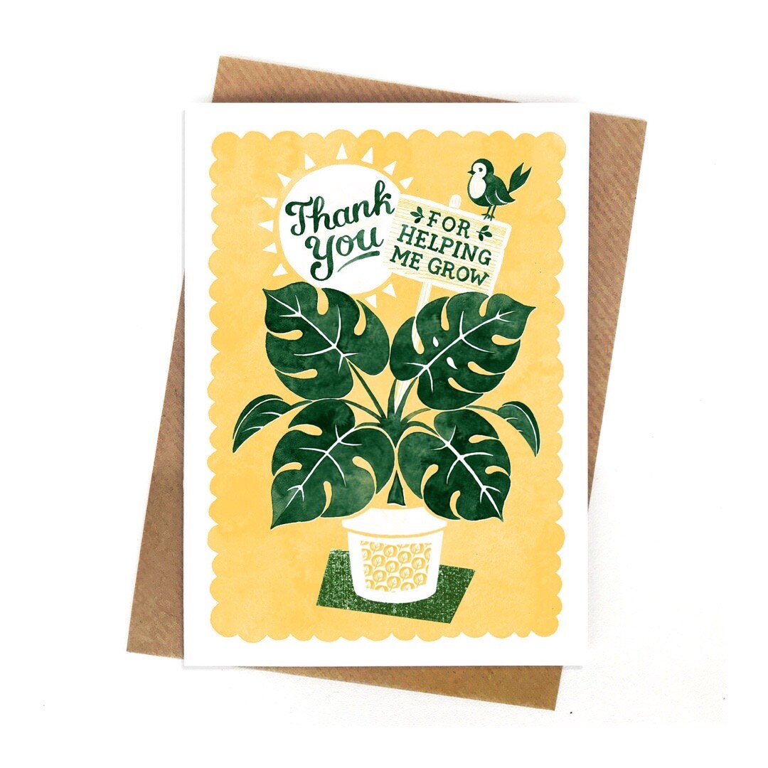 Thank you card featuring a green houseplant on a yellow background and the text thanks you for helping me grow