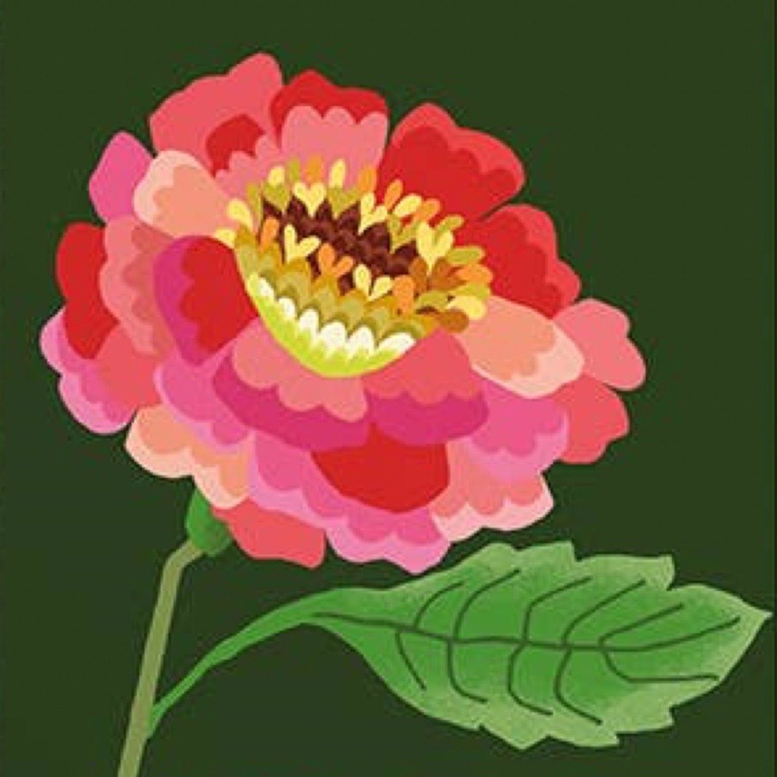 A stylized illustration of a layered flower with pink, red, yellow, and green tones on a dark green background.