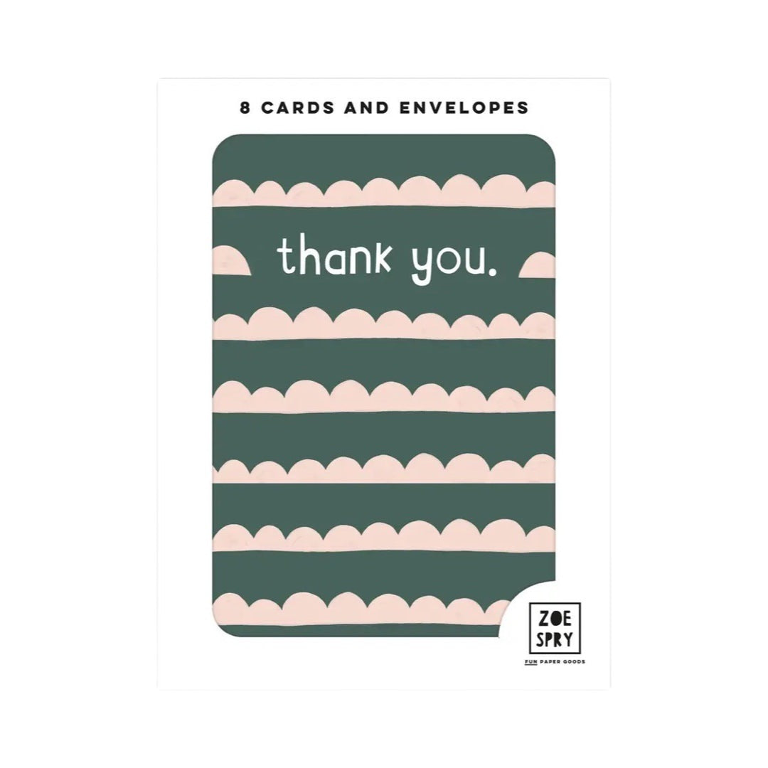 Pack of 8 mini thank you cards featuring a pink scallop design against a forest green background and the text 'thank you' written in white.