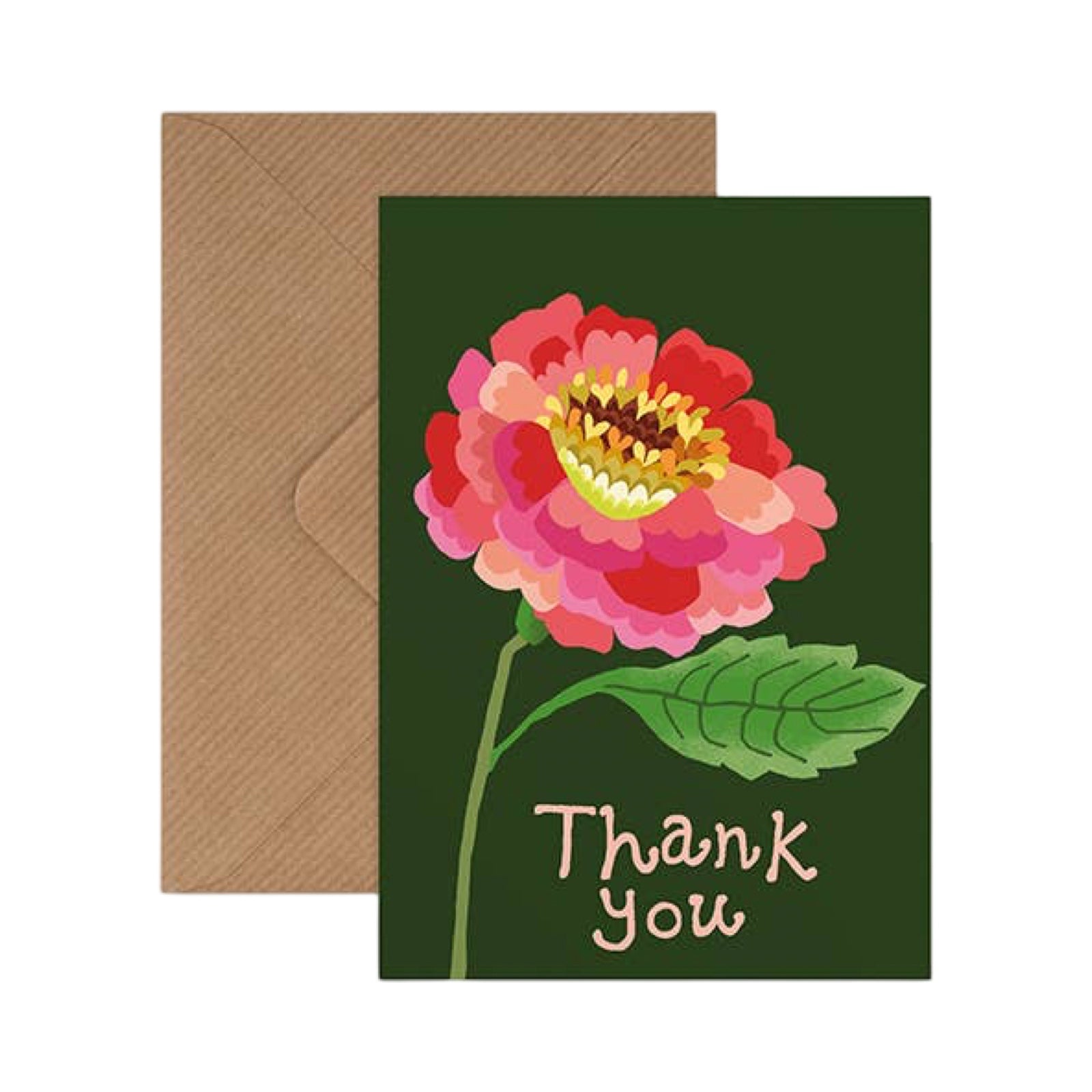 A thank you card with a dark green background, featuring a large pink and red flower with a yellow centre, green leaves, and the words 'Thank you' in a light pink. A brown kraft envelope is placed behind the card on a white background.