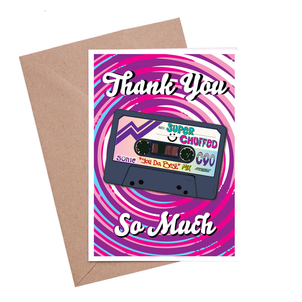 Thank you card featuring an illustration of a Cassette tape with the name "Super Chuffed - Your da best mix" and a purple spiral pattern background