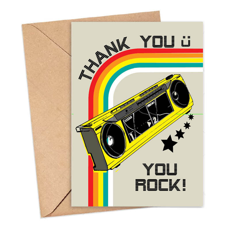 Thank you card featuring an illustration of a yellow boombox and the text 'Thank You, You Rock'