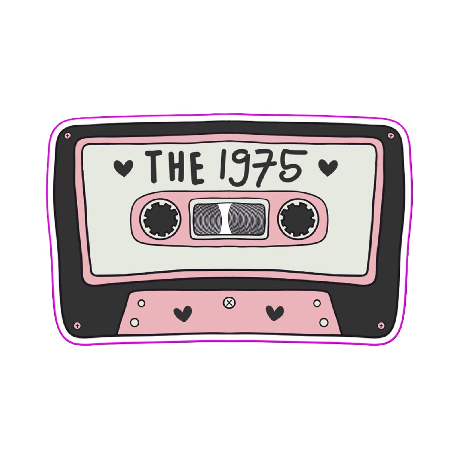 A rectangular-shaped sticker featuring an illustration of a retro cassette tape in black, white and pink with the title 'The 1975', decorated with black love hearts.