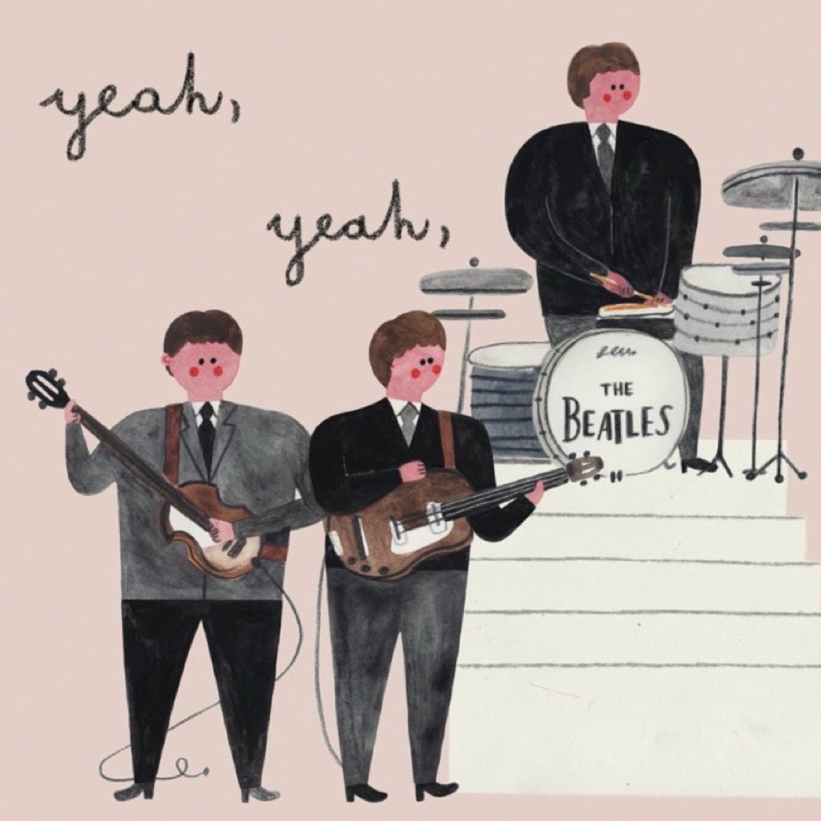 Illustration of The Beatles playing music with text 'yeah, yeah' on a light pink background.