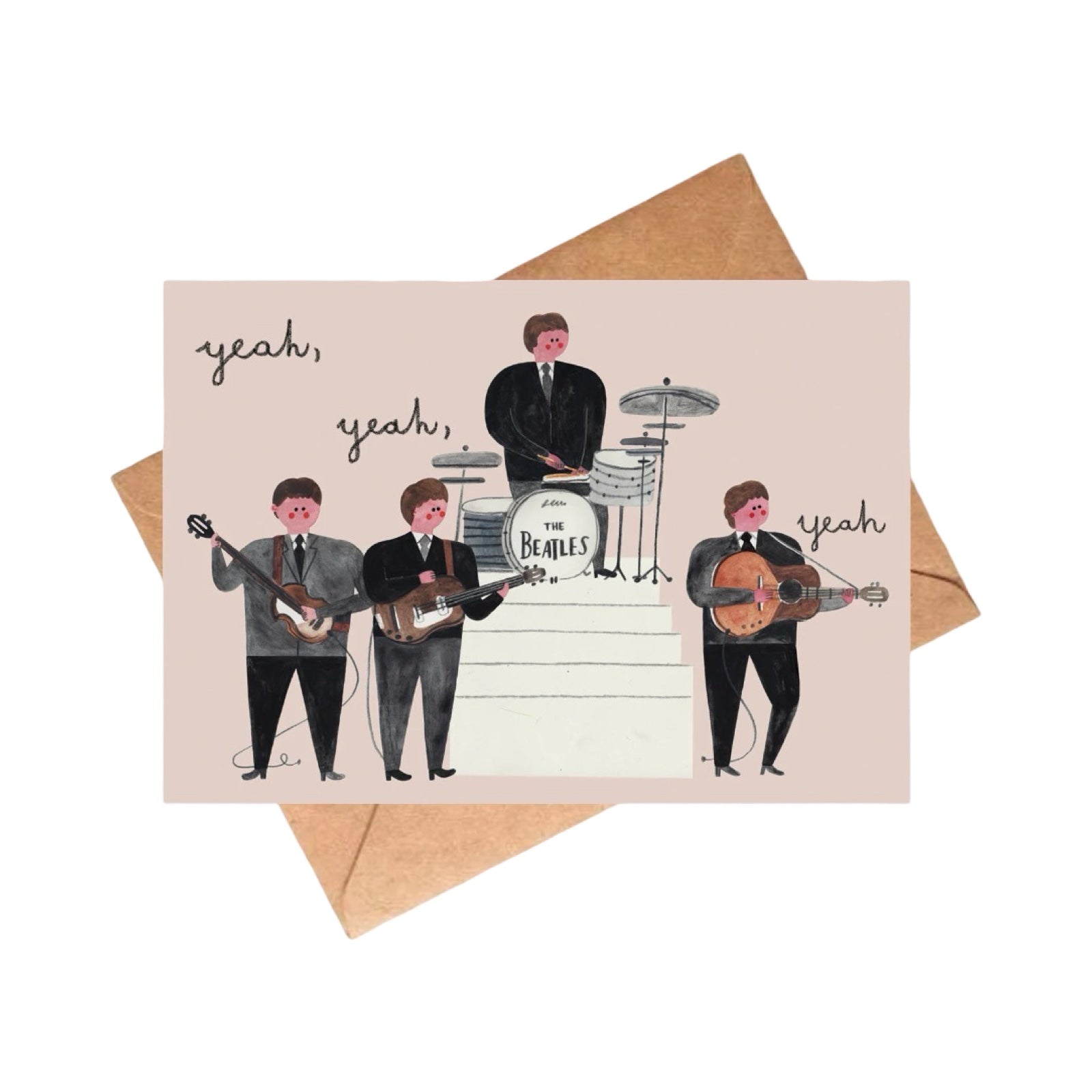 Card with illustration of The Beatles playing instruments on a beige background with 'yeah' text.