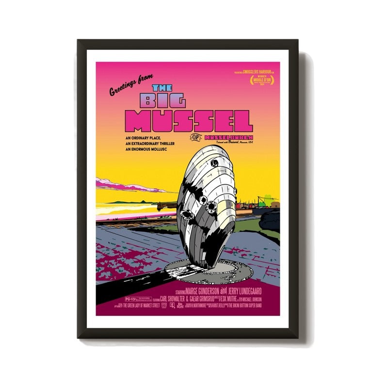 This print features a movie poster design with an illustration of the Mussel sculpture in Musselburgh, Scotland