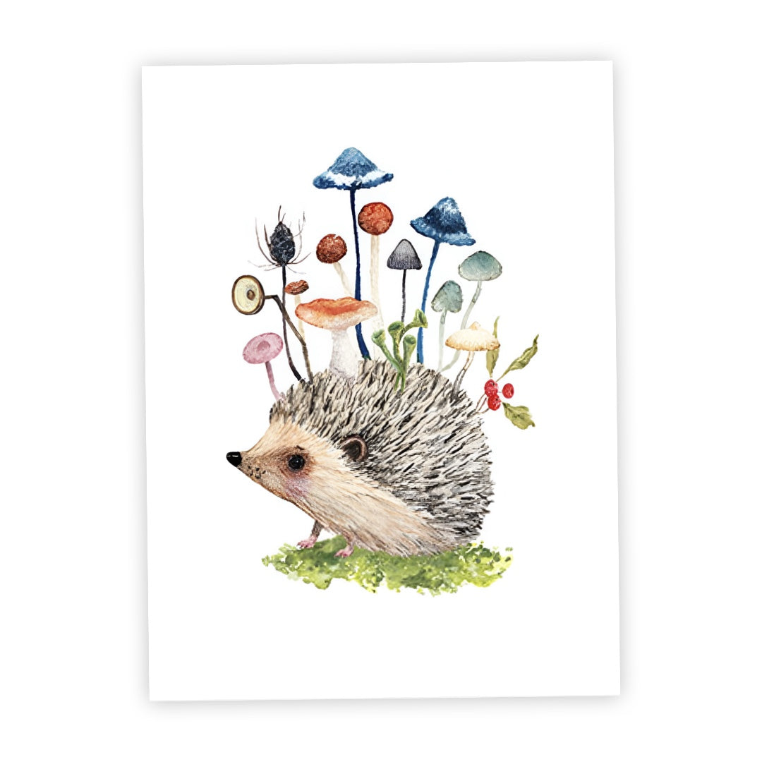 A print featuring a hedgehog sitting on a patch of grass surrounded by toadstools and mushrooms, against a white background.