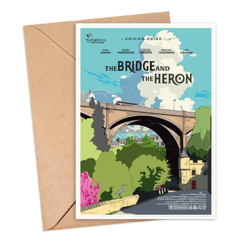 Card featuring a movie poster design with an illustration of the Dean Bridge, Dean village, Edinburgh