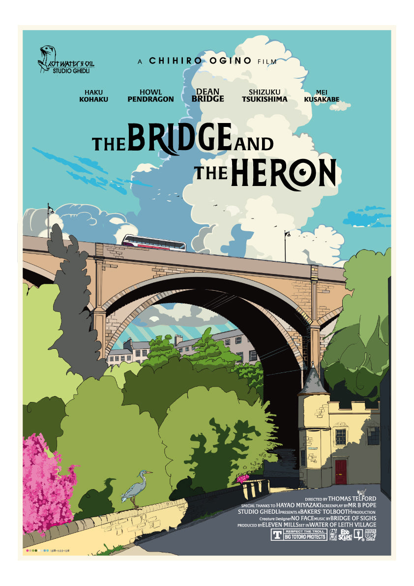 This print features a movie poster design that illustrates the Dean Bridge in Dean Village, Edinburgh