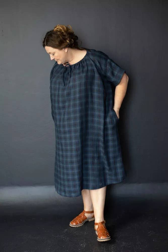 Sewing pattern for a T-shaped top or dress with a gathered drawstring neckline that can be adjusted to sit at your desired height; the pattern can be made with or without sleeves.