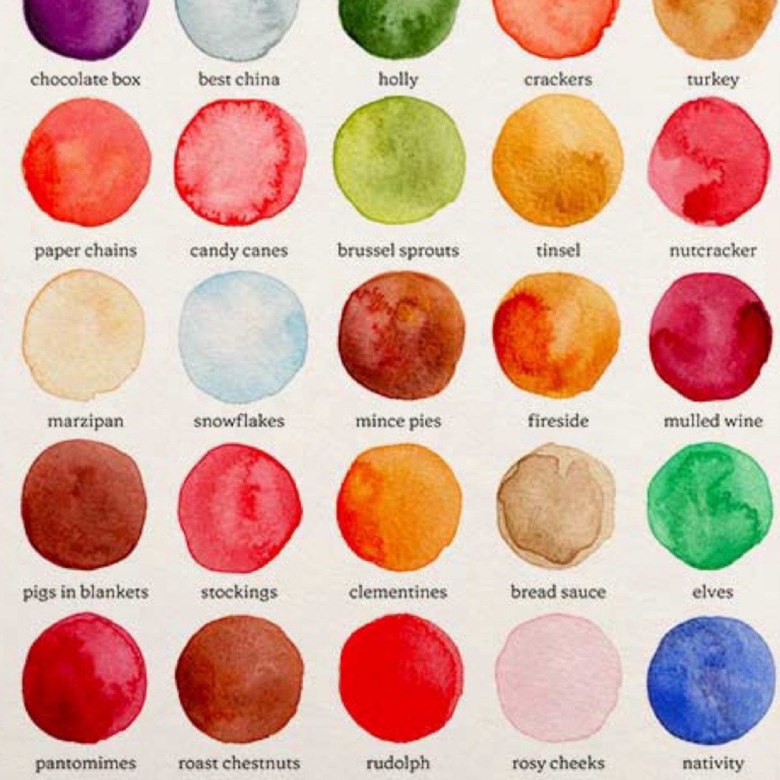 Color swatches with Christmas labels on a white background.