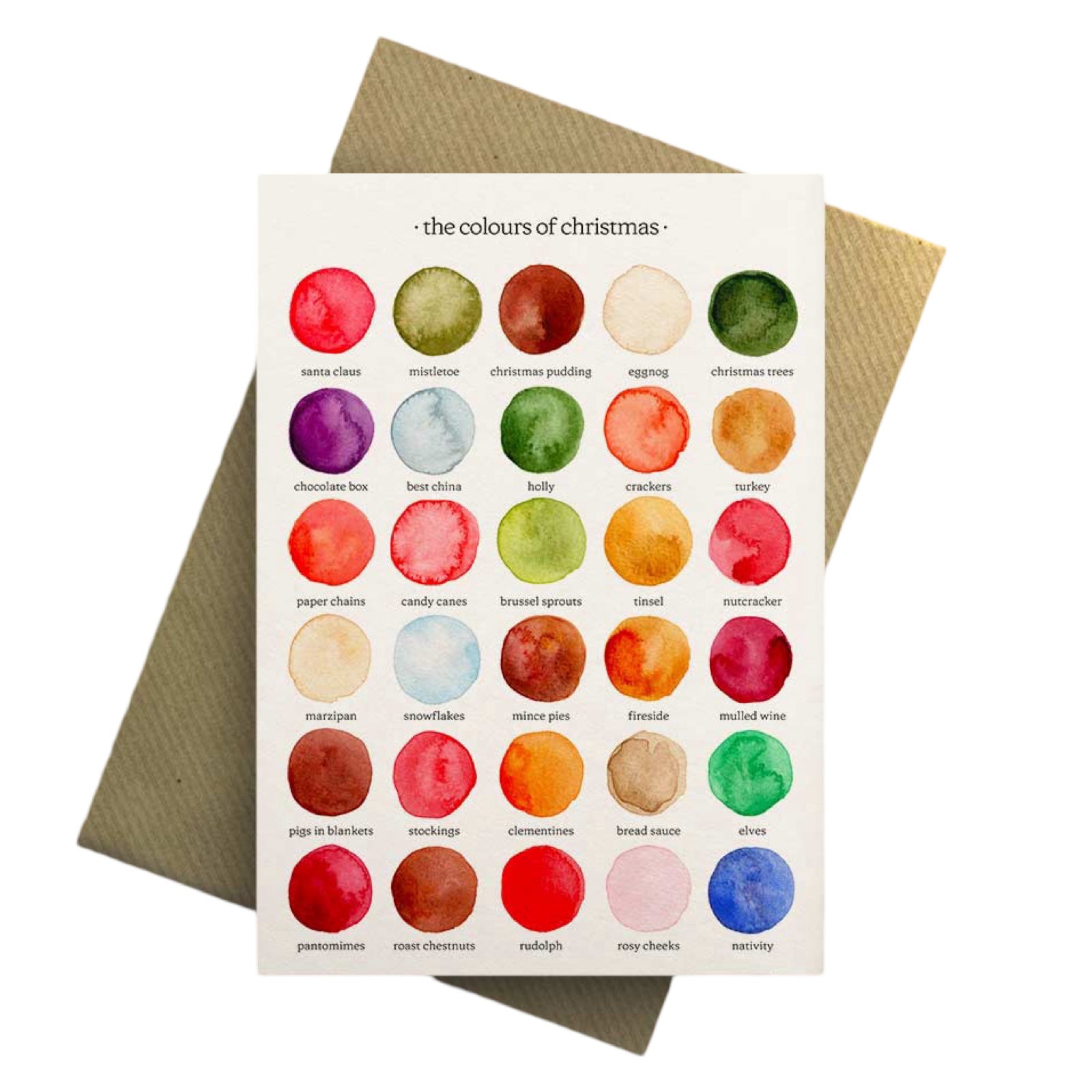 This Christmas card features watercolour circles of colours inspired by Christmas including evergreen pines, snowy whites and deep reds