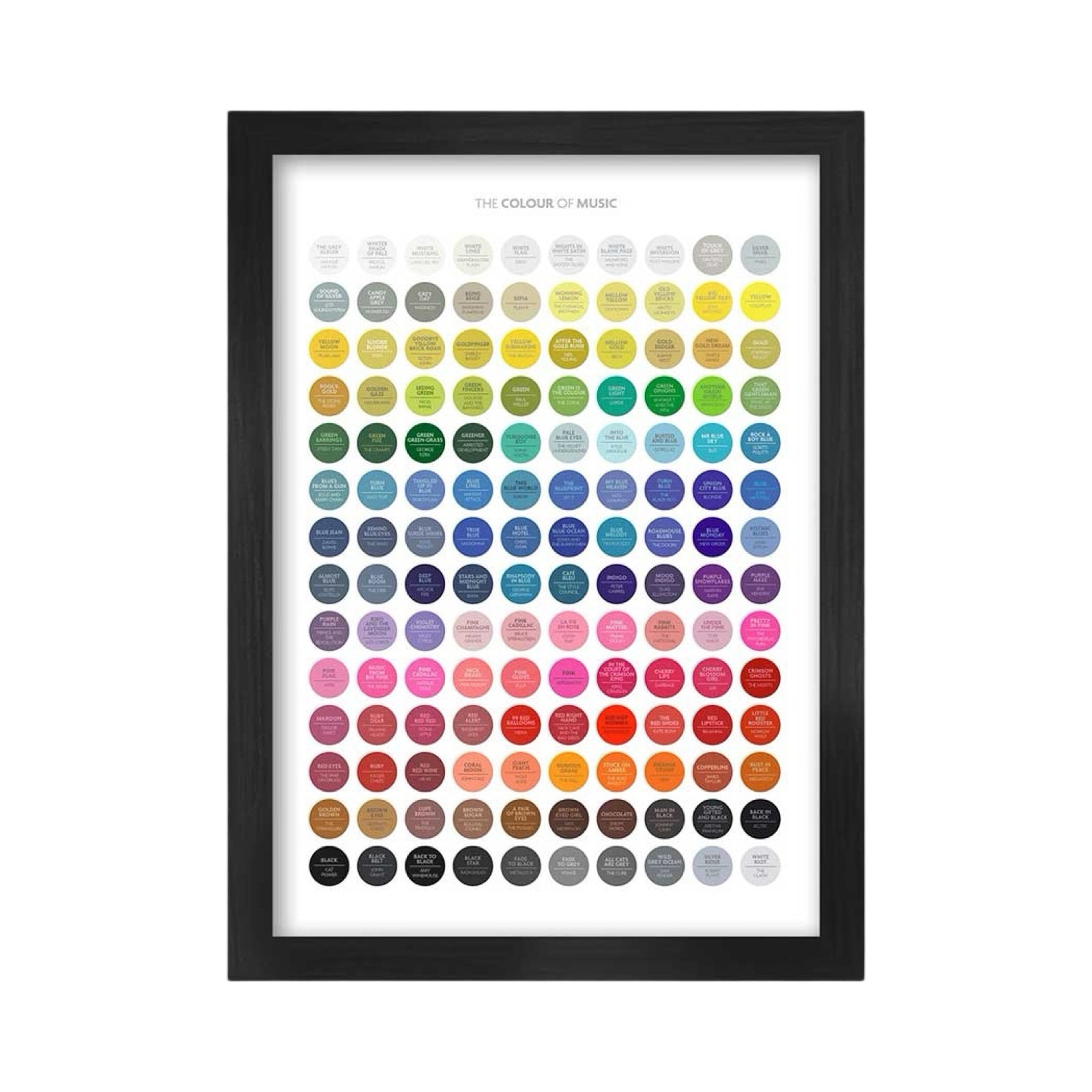 Print features rainbow of coloured circles each with a song names.