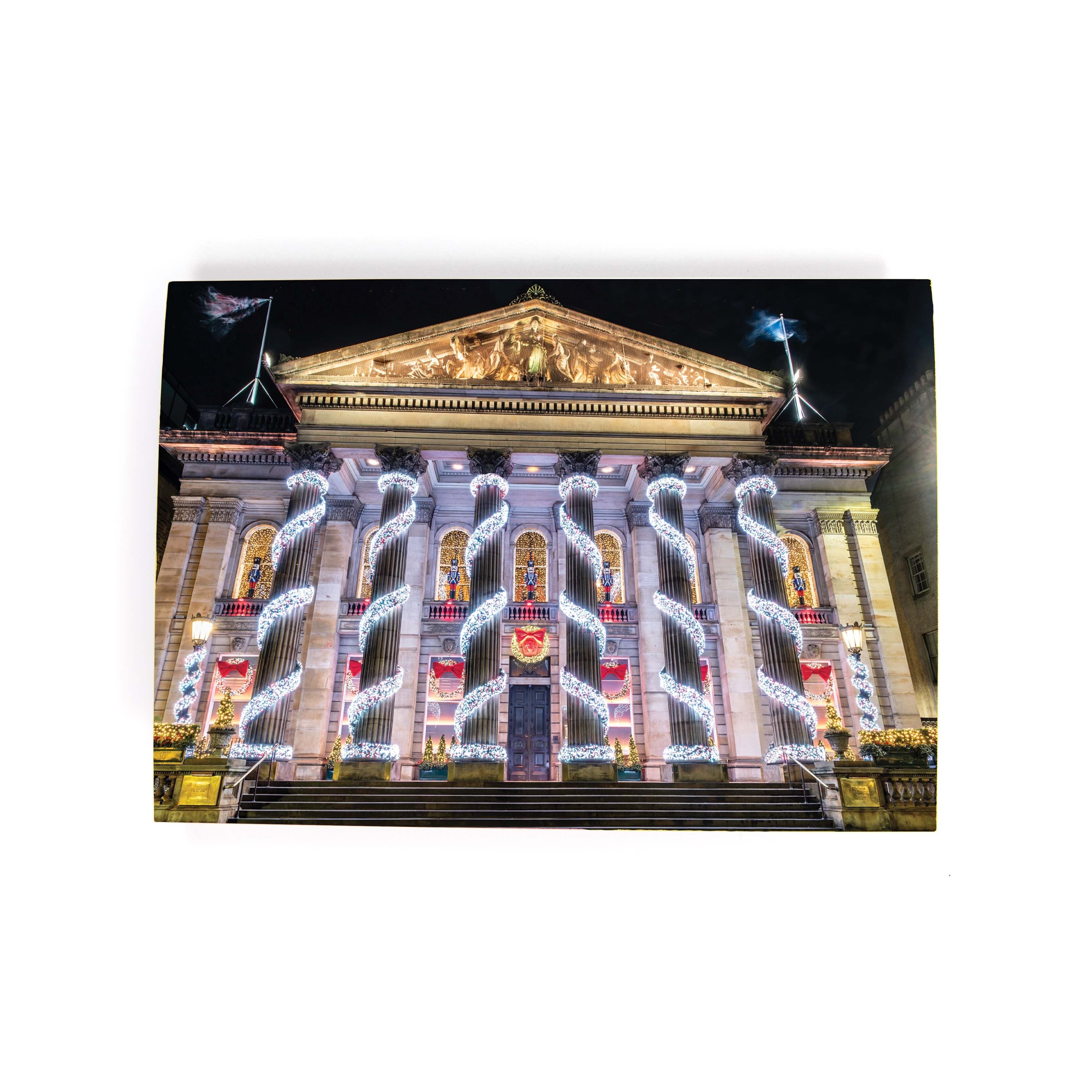 An image of the Dome, George Street, Edinburgh in Christmas lights on a card.