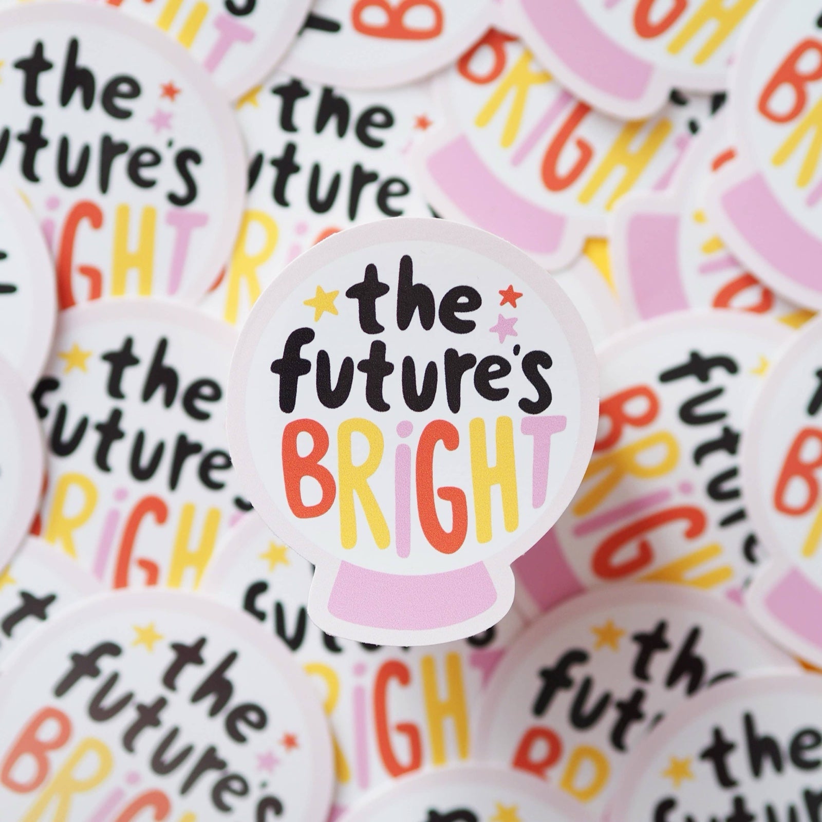 This crystal ball-shaped glossy vinyl sticker features the text 'the future's Bright'.