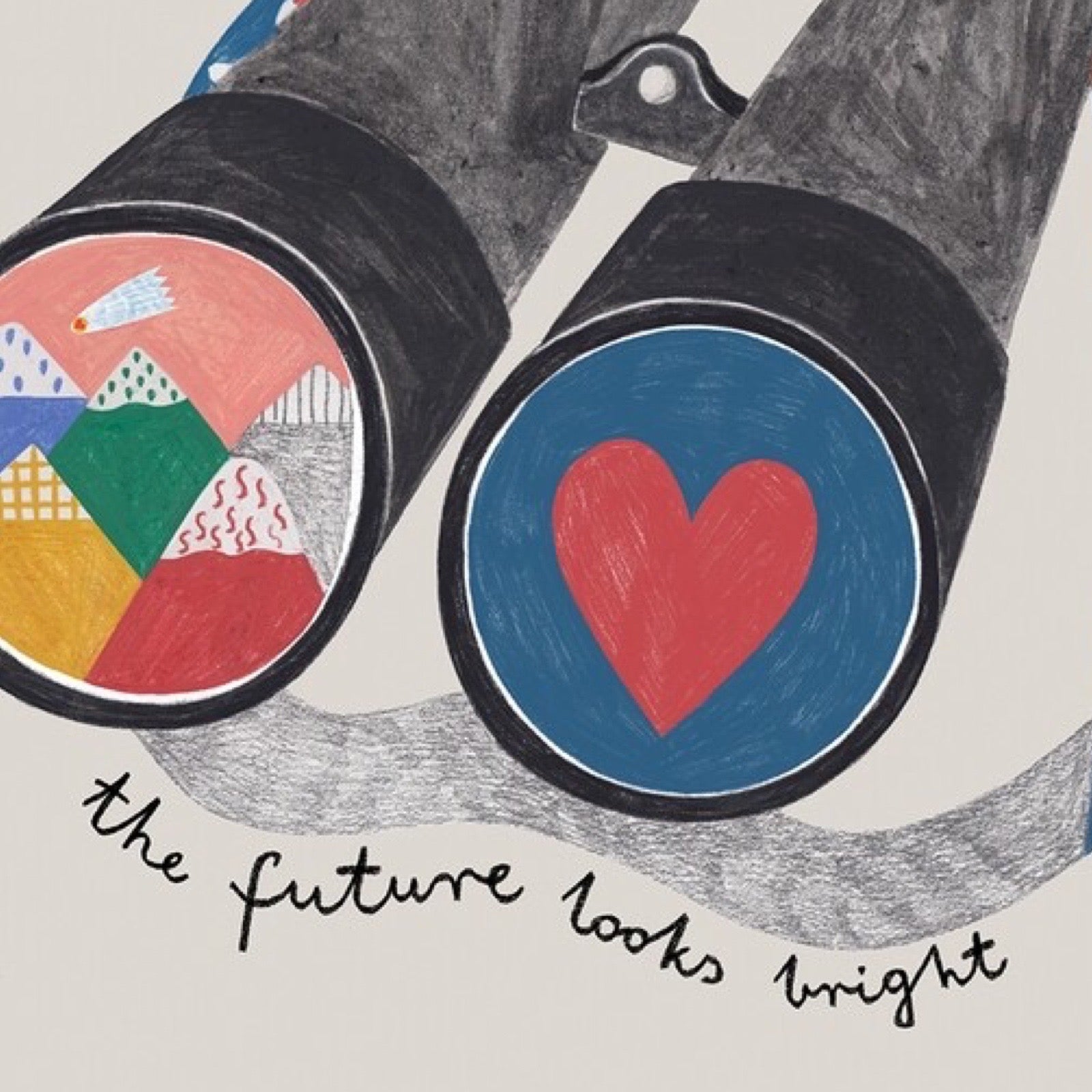 Illustration of binoculars with colorful lenses and 'the future looks bright' text.