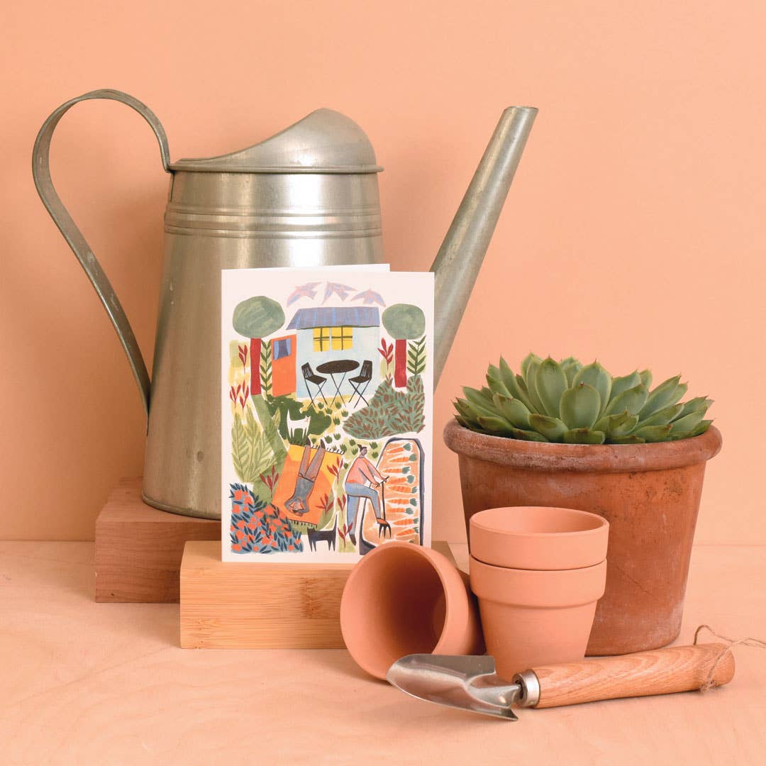 Gardening-themed card with pots, watering can, and trowel on a peach background.