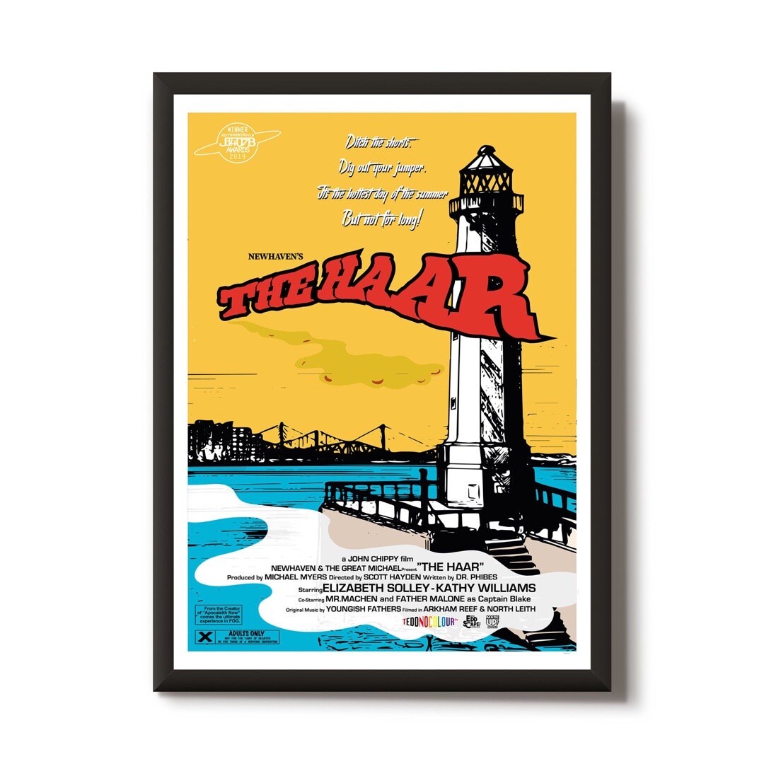 This print features a movie poster design that illustrates the Newhaven Lighthouse in Edinburgh with the 3 Forth Bridges in the background