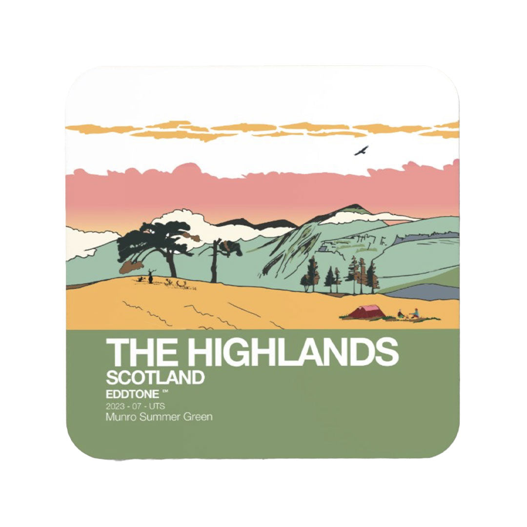 The Highlands coaster features an illustration of Glen Shia in Argyle and Bute, Scotland