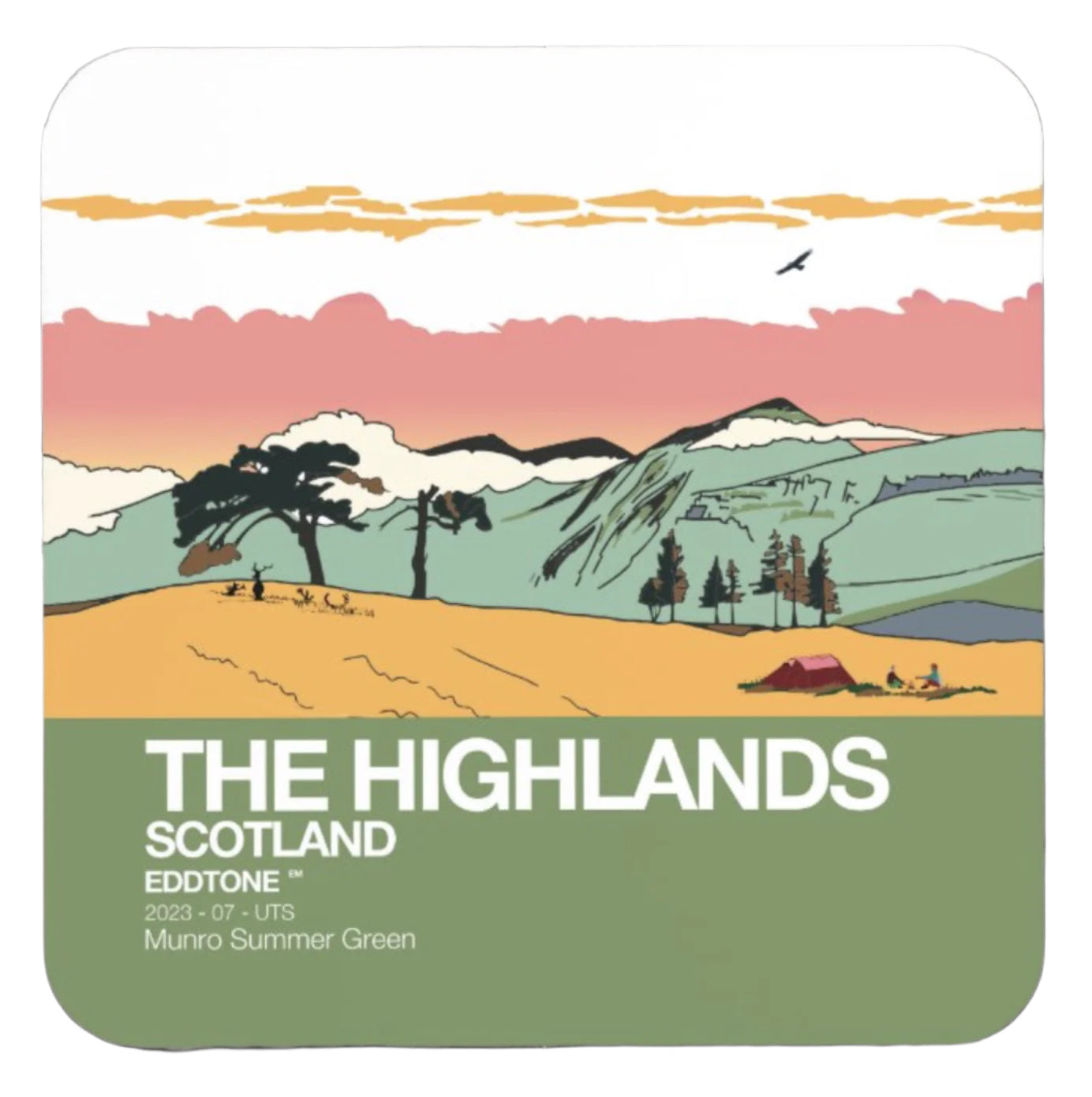 The Highlands coaster features an illustration of Glen Shia in Argyle and Bute, Scotland