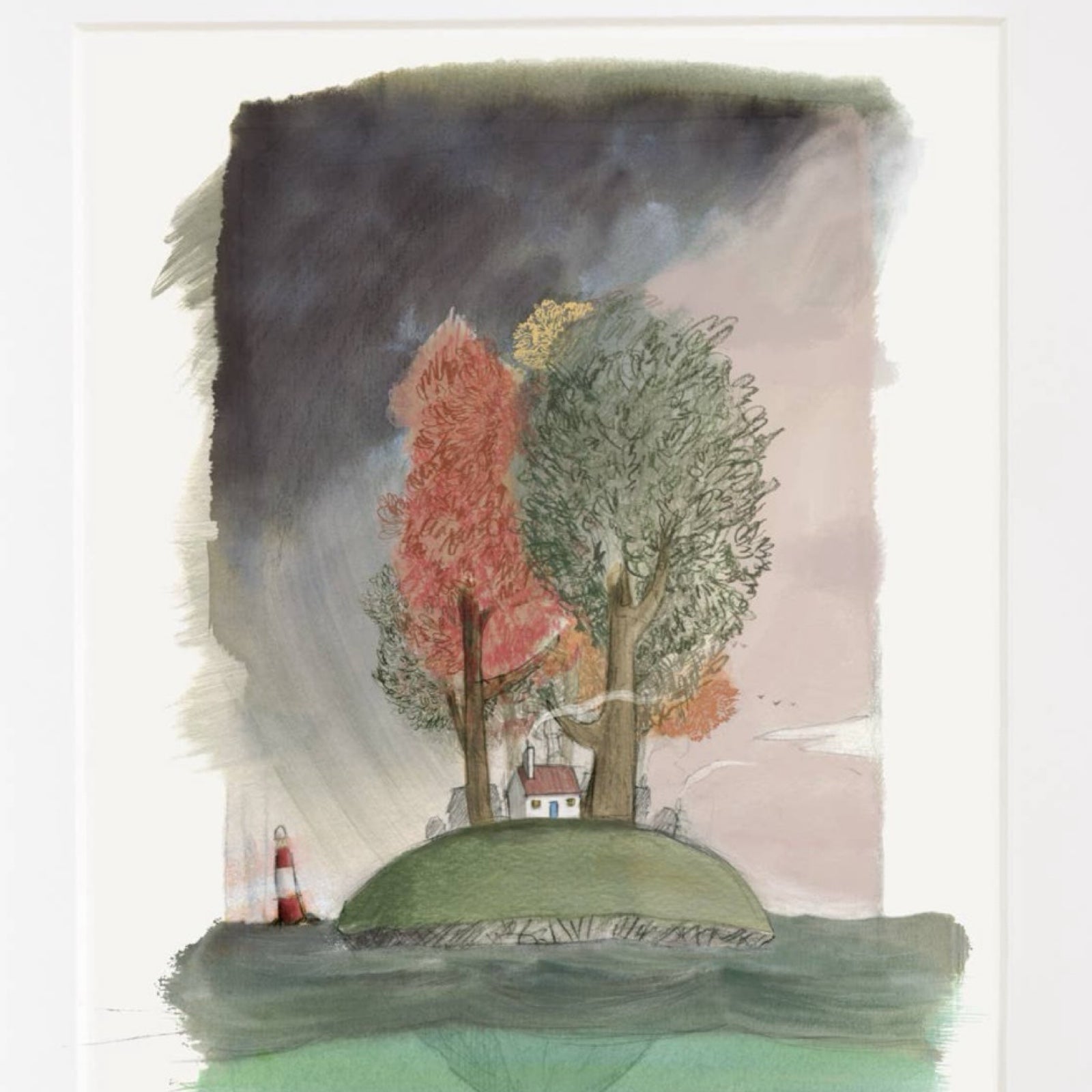 Illustrated art print of an island with large trees and a small house.