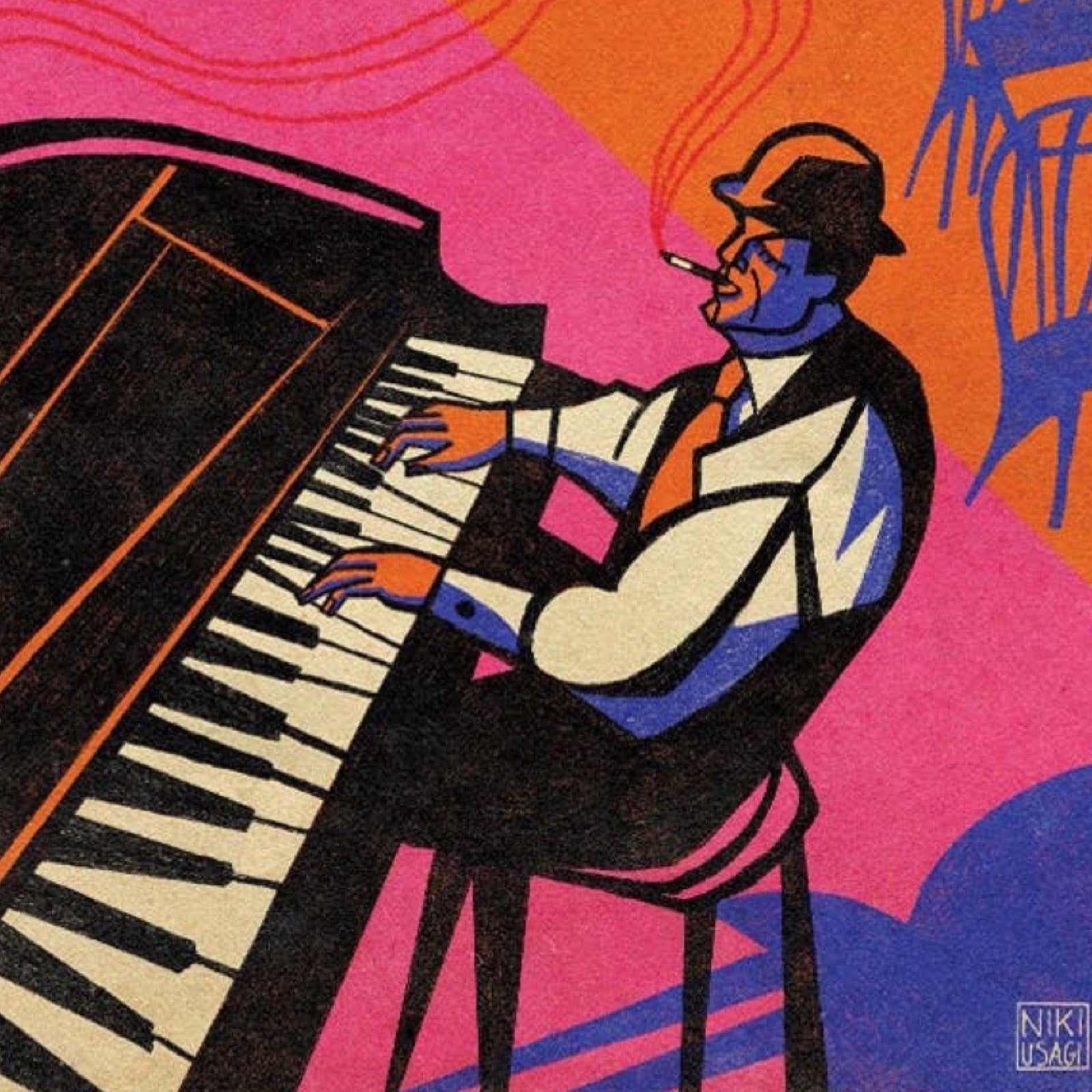 A stylised graphic art print depicting a jazz musician playing a grand piano, in bold geometric shapes and vibrant colours including pink, orange, blue, black, and cream.