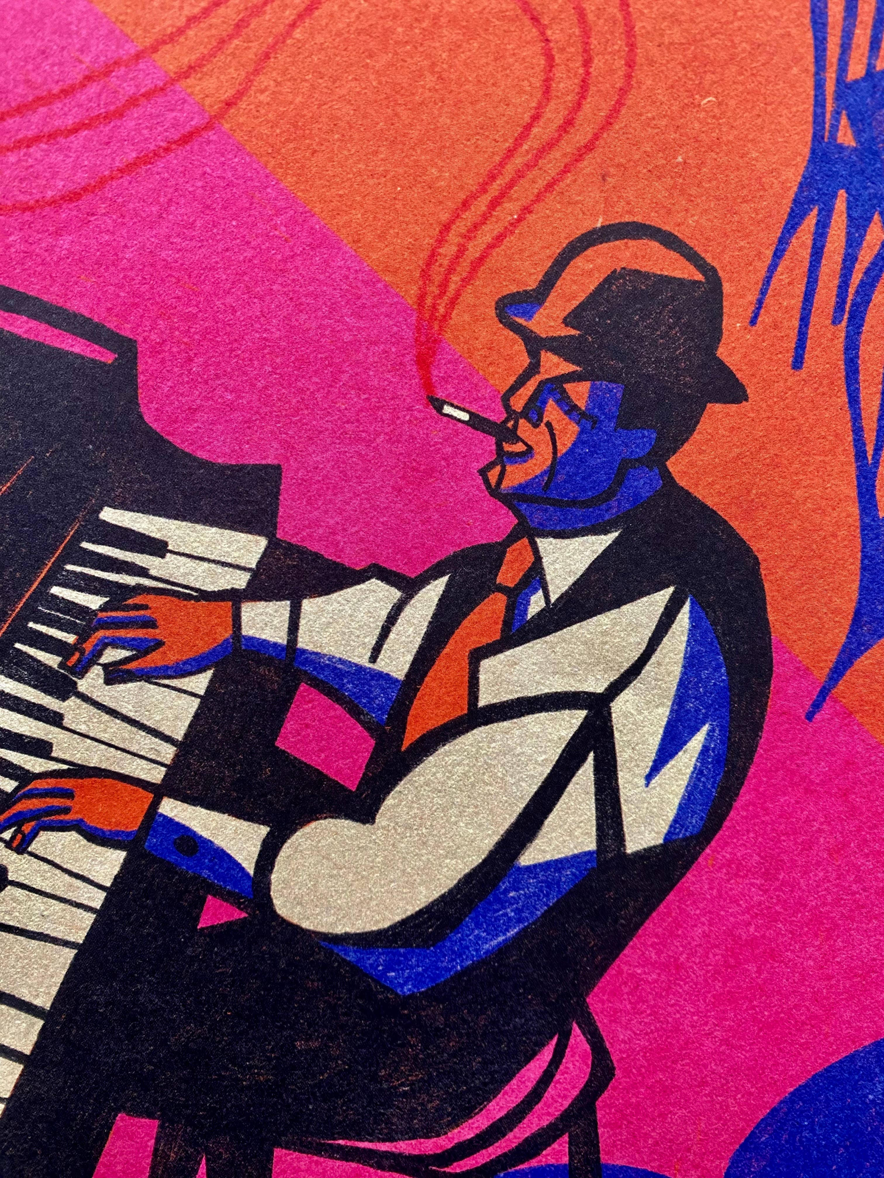 A stylised graphic art print depicting a jazz musician playing a piano and smoking a cigarette, rendered in bold colours of pink, orange, blue, black, and cream.