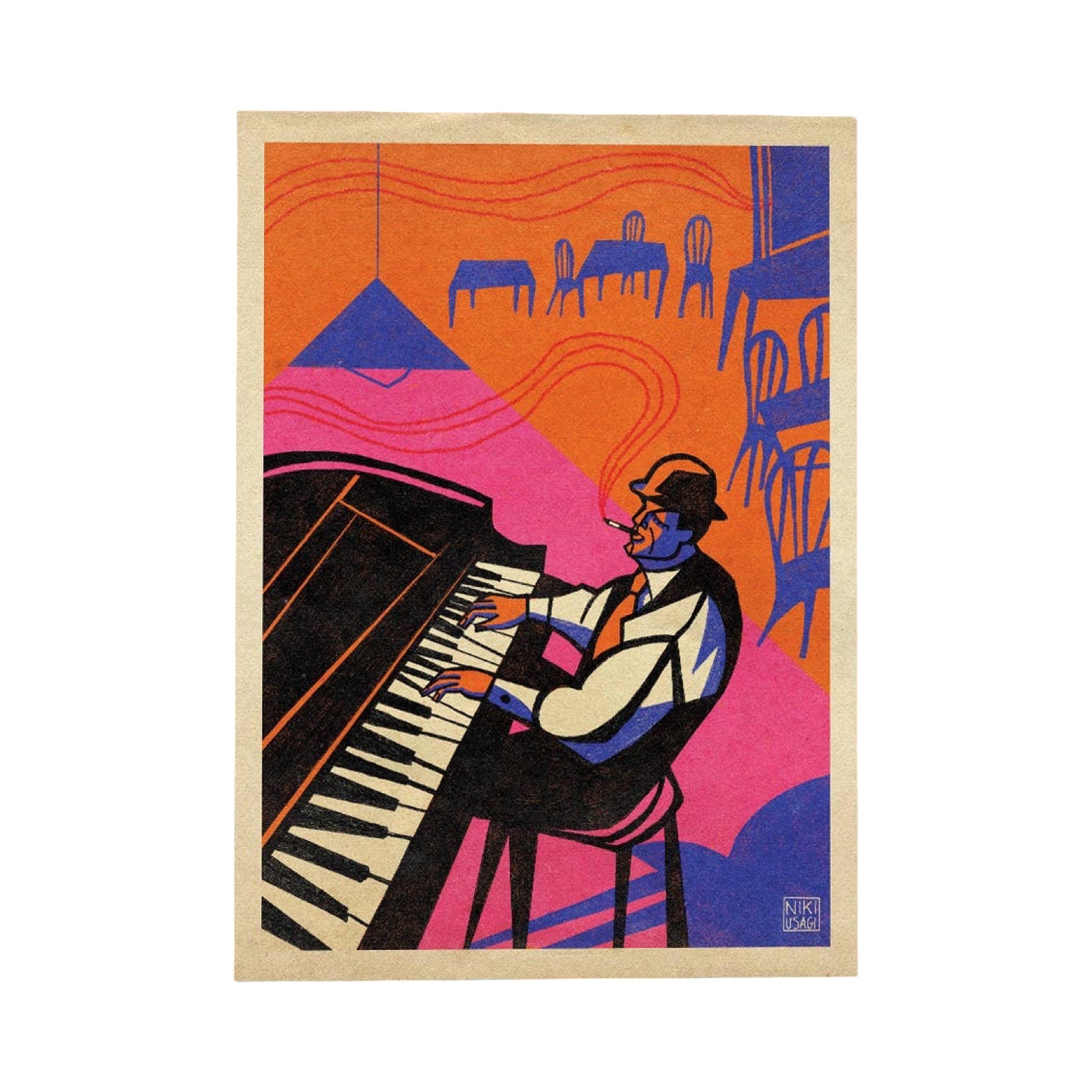 A stylised art print featuring a man playing a grand piano, in bold geometric shapes and warm colours including orange, pink, blue, black, and cream, with a light beige border around the artwork.