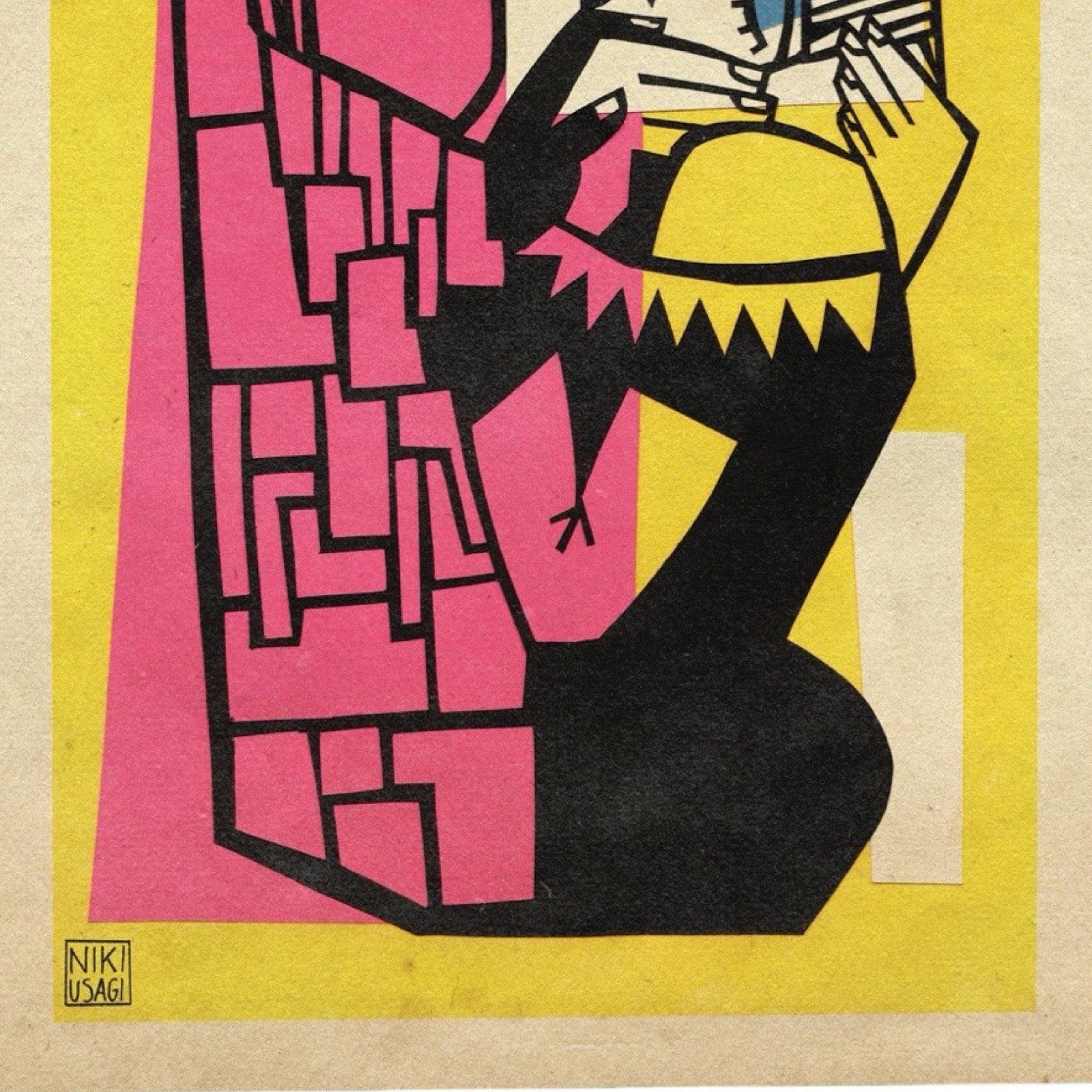 A stylised art print featuring a figure in bold black and yellow shapes against a pink geometric background, bordered by a yellow field on a beige paper-like surface. A small signature block reading 'Niki Usagi' appears in the lower left.