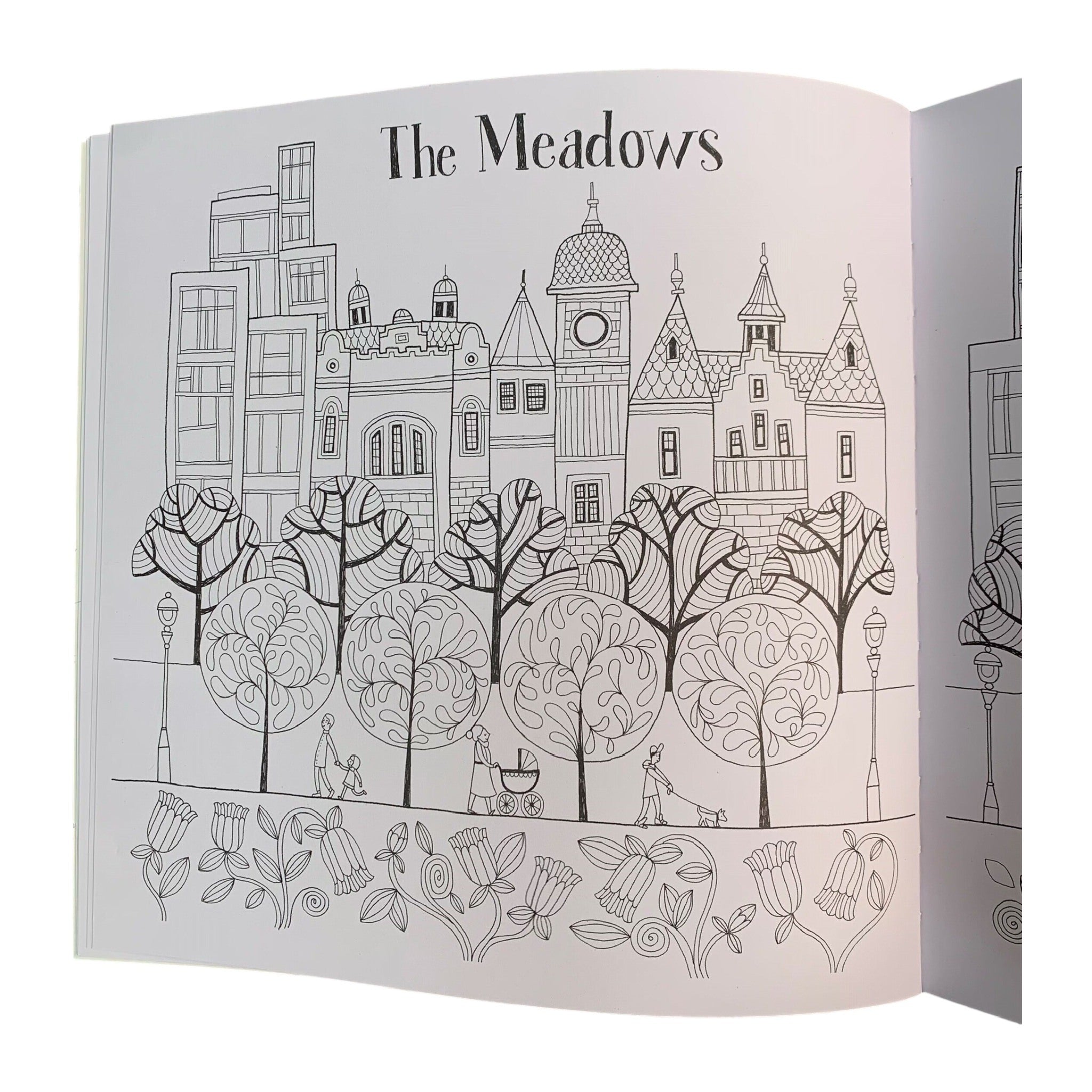 A page from the Edinburgh colouring book showing the Meadows